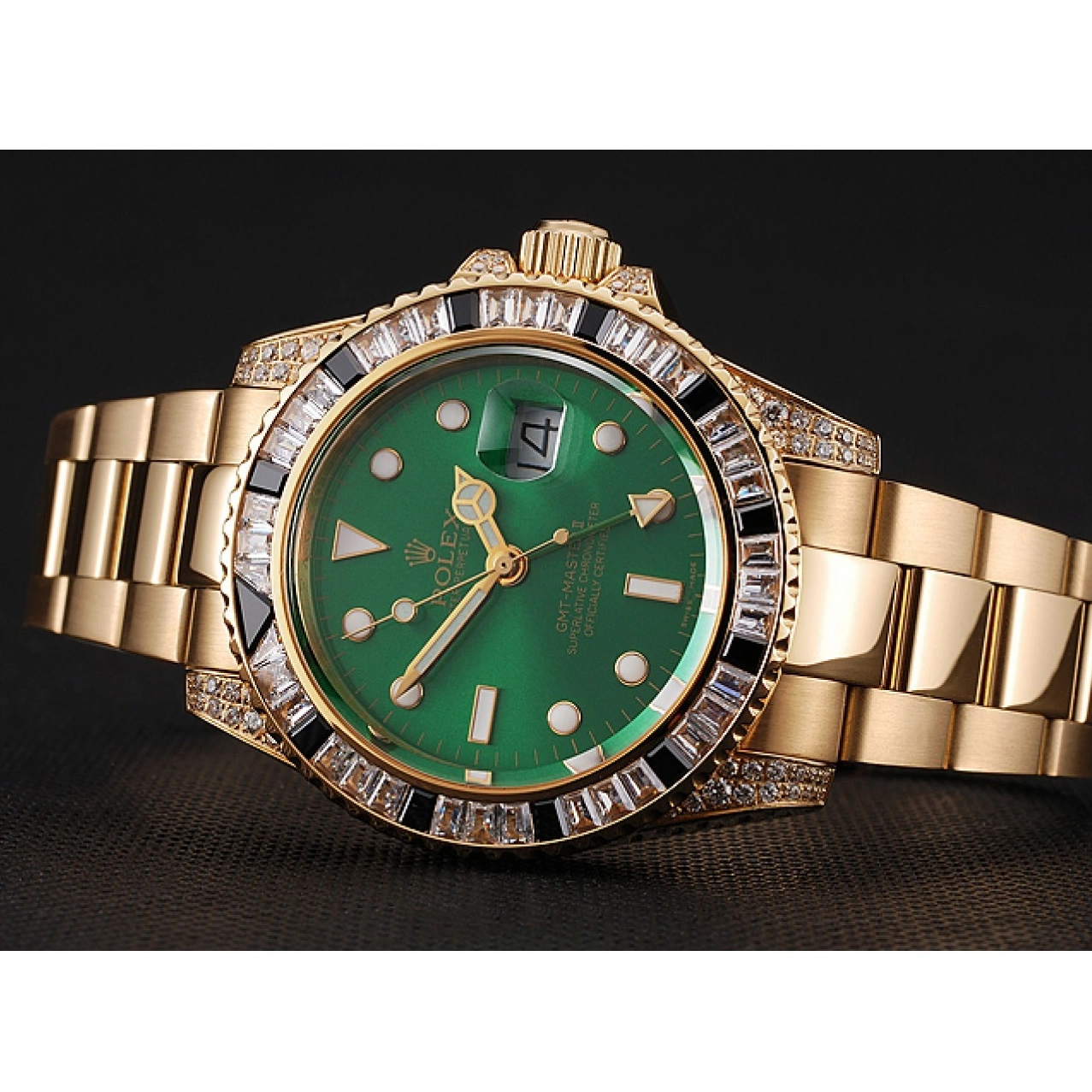 MiroTime 0724 Swiss Rolex GMT Master II Green Dial Stone Set Bezel Gold Case And Bracelet 1453748